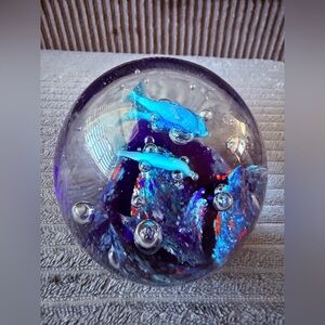 VTG Paperweight Glass Fish Sphere Blue and Purple Accents Paper Weight Bubbles